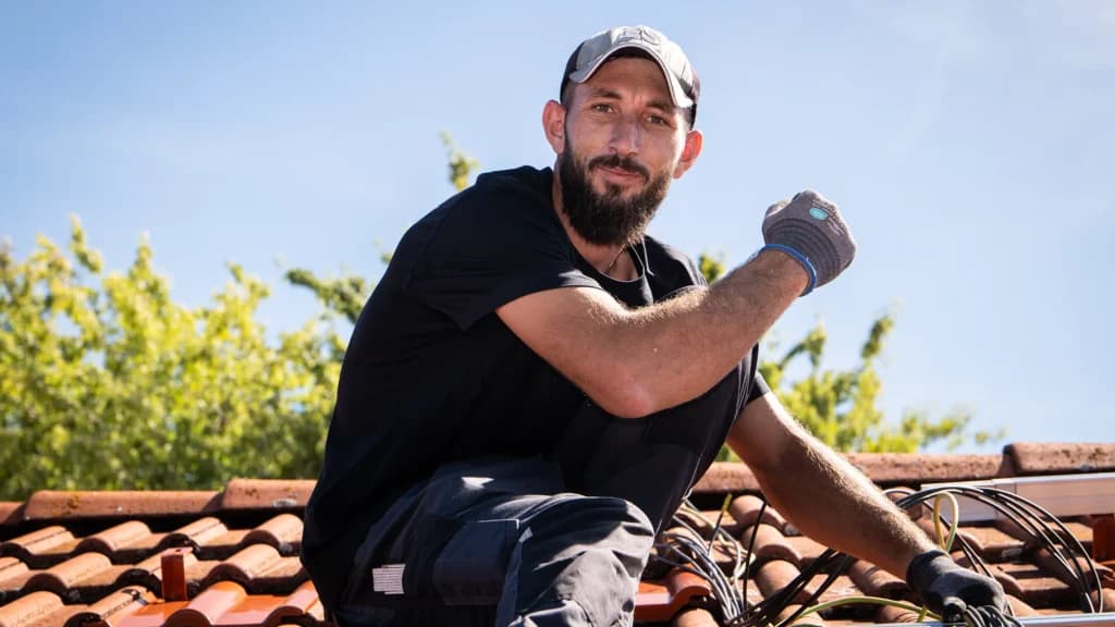 Solarvi-Monteur installiert eine Solaranlage auf einem Schrägdach
