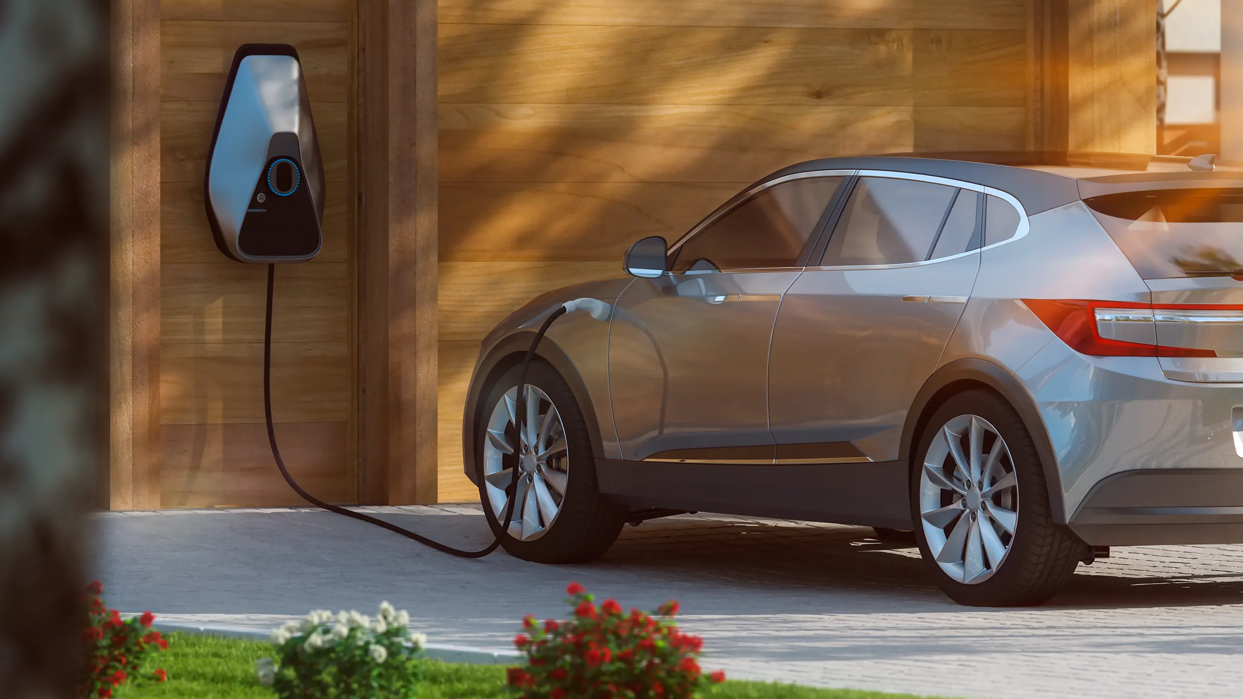 Elektroauto lädt an eleganter Wallbox am Carport